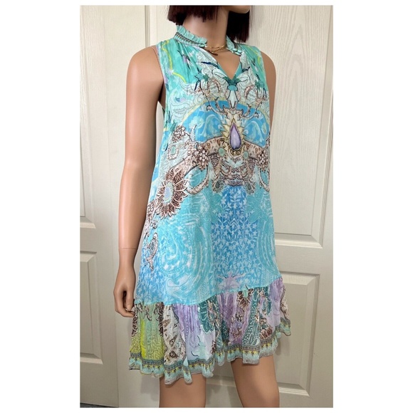 Camilla 2-Button Floral Print Sleeveless Dress - Turquoise Crystals Size XS - Picture 5 of 10